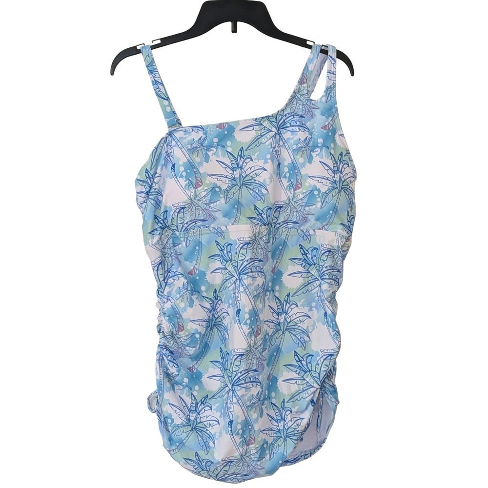 Womens 2XL Blue Tropical Palm One Shoulder Ruched Swim Top UPF 50+ NEW